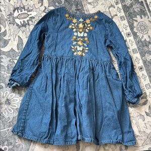 Blue Denim Dress with Floral Embroidery